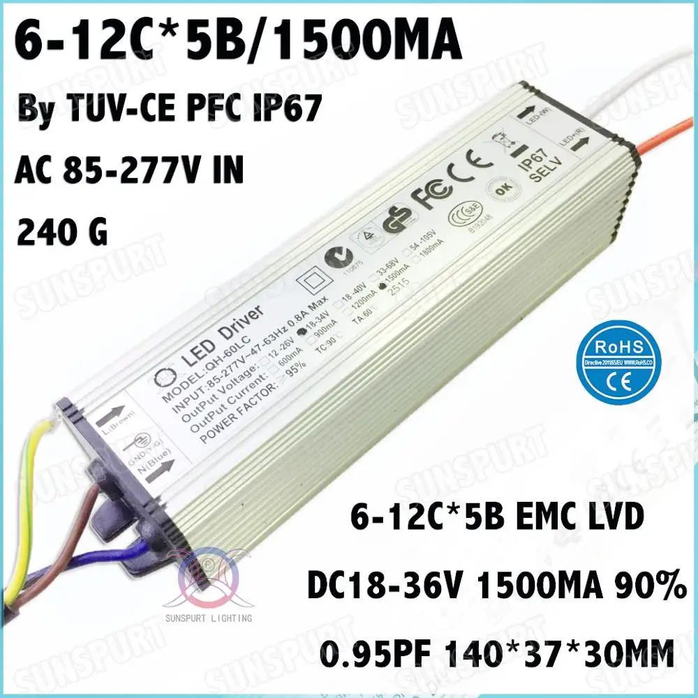 

2 Pcs By TUV-CE IP67 PF 60W AC85-277V LED Driver 6-12Cx5B 1500mA DC18-36V Constant Current LEDPower For Spotlights Free Shipping