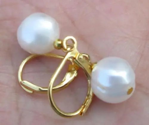 

huge 9.5-10mm White souths ea Pearl Leverback Earrings 14k/20