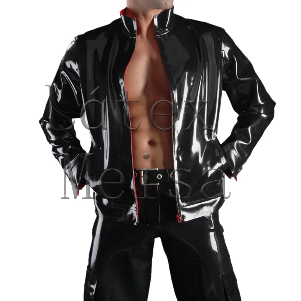 100% Handmade casual straight black latex jacket with pockets decoration