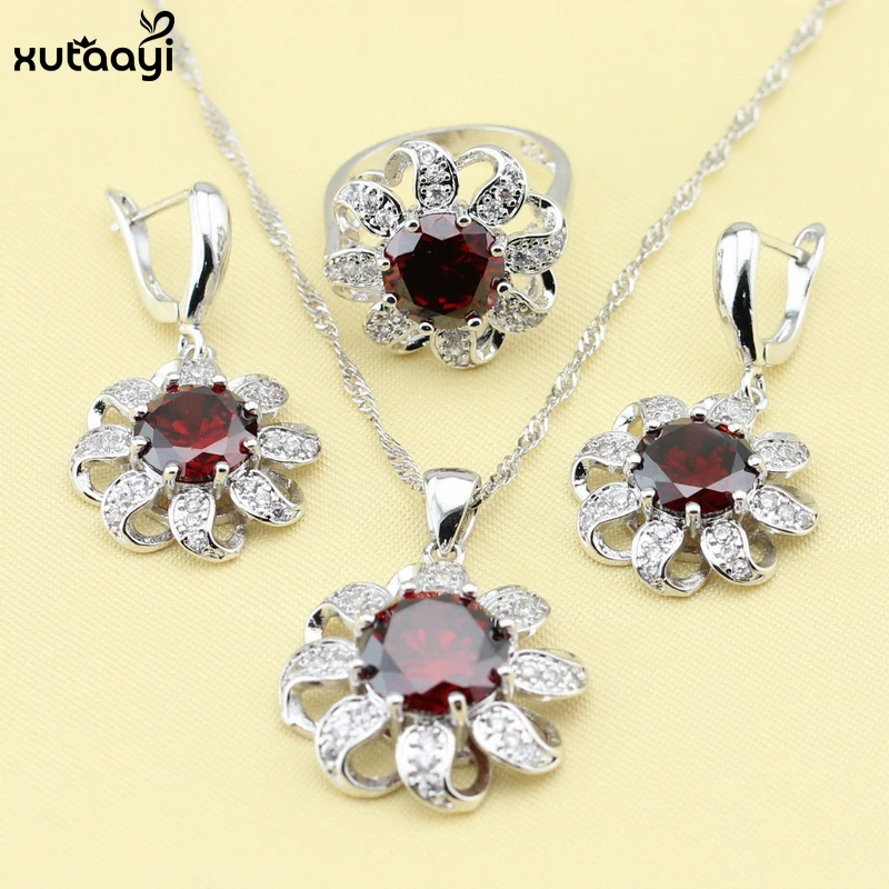 XUTAAYI  Silver Jewelry Sets For women Red Created Garnet Superb Necklace/Rings/Earrings/Bracelet Free Gift