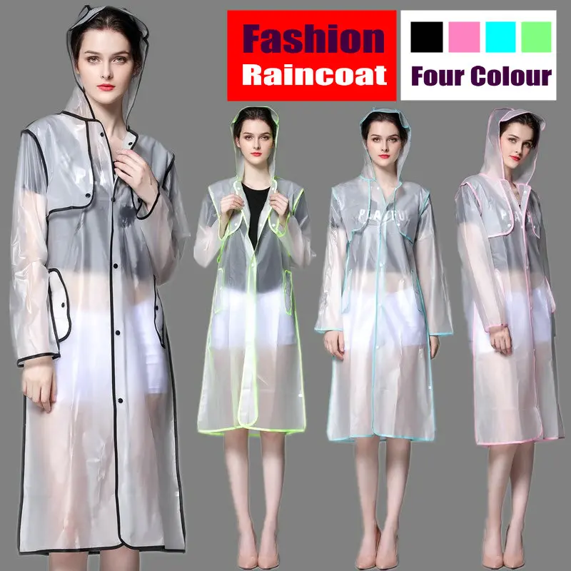 

New Fashion EVA Women Poncho With Hood Ladies Waterproof Long Translucent Raincoat Adults Outdoor Rain Coat