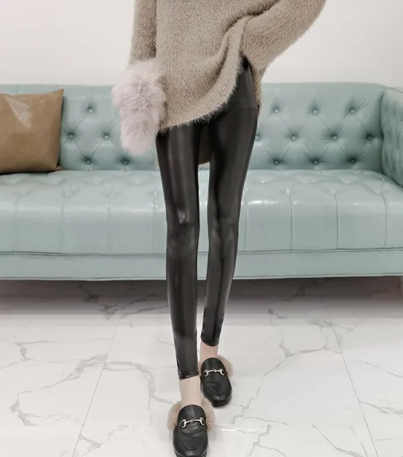 Leather Leggings Winter Fleece Lined Legging Fit High Stretchy Solid Good Elastic Slim Trousers Women OUC1705 Aidayou