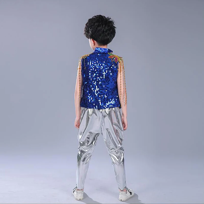 Boys Girls Sequined Hip Hop Costumes Jazz Ballroom Tap Dancing Tops + Pants Children Dance Stage Wear Kids Party Dancewear