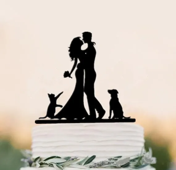 Mixed Style Black Acrylic Bride and Groom Silhouette with Pet Dog Cat Mr & Mrs Toppers for Wedding Cake Decorating Accessory