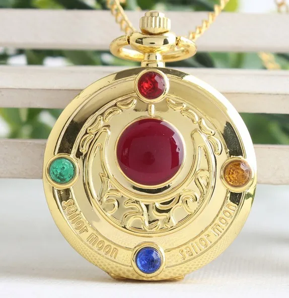 Wholesale 50 PCS/lot Golden Sailor Moon Theme Necklace Pendant Quartz Pocket Watch With Necklace Chain Girl Gift