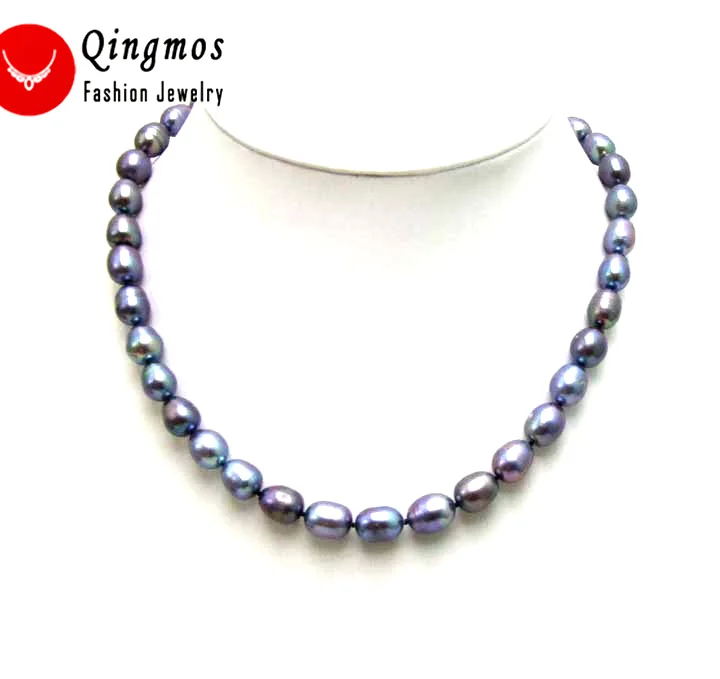 

Qingmos 9-10mm Natural Black Pearl Necklace for Women with Freshwater 9-10mm Rice Pearl Chokers Necklace 17" Fine Jewelry 5350