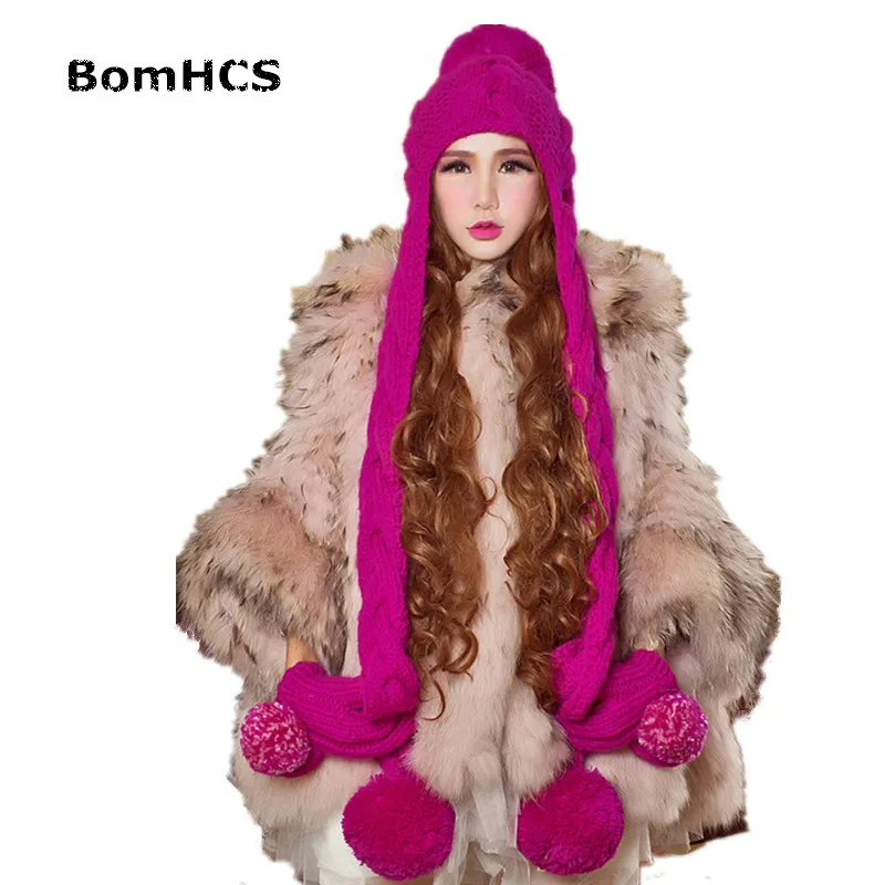 BomHCS Large Warm Winter Scarf Beanie & Gloves (2PCS)100% Handmade Women\'s Beautiful Rose Knit Neckerchief Hat Mittens Gift