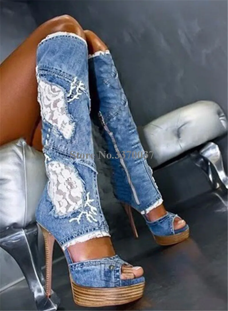 Women Sexy Fashion Peep Toe Blue Denim Wedge Platform Gladiator Boots Cut-out Mesh Lace Long Super High Heel Boots Dress Shoes