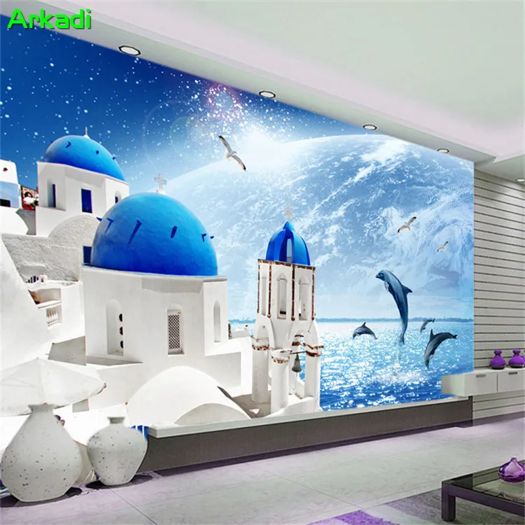 

Blue sky ocean mediterranean love sea night scenery dolphin seagull world castle wall mural custom size