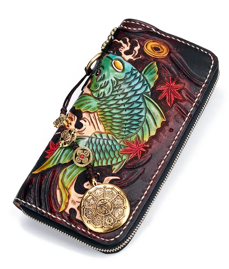 Handmade Genuine Leather Wallets Carving Fortune Carp Bag Purses Women Men Clutch Vegetable Tanned Leather Wallet  Card Holder