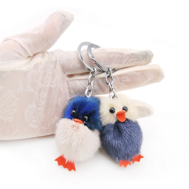 Genuine Mink Fur Chicks Keychain Women Cute Duck Doll Key Ring Chain Pompom Keyring Female Trinket Toy Bag Charms Car Key Holder