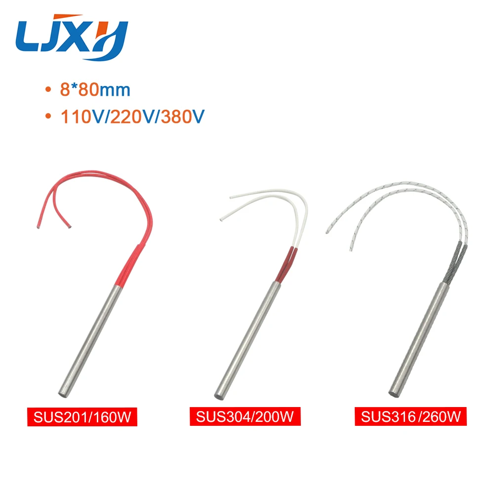 LJXH 2pcs Cartridge Heater Element Single-End Electric Heat Pipe AC110V/220V/380V 160W/200W/260W 8x80mm/0.314x3.15\