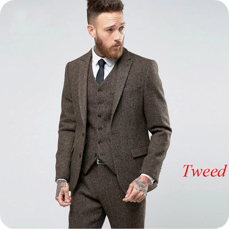 

Wool Custom Made Brown Tweed Khaki Men's Classic Suits Formal Man Blazers Slim Fit Groom Tuxedo Terno Masculino Costume Homme