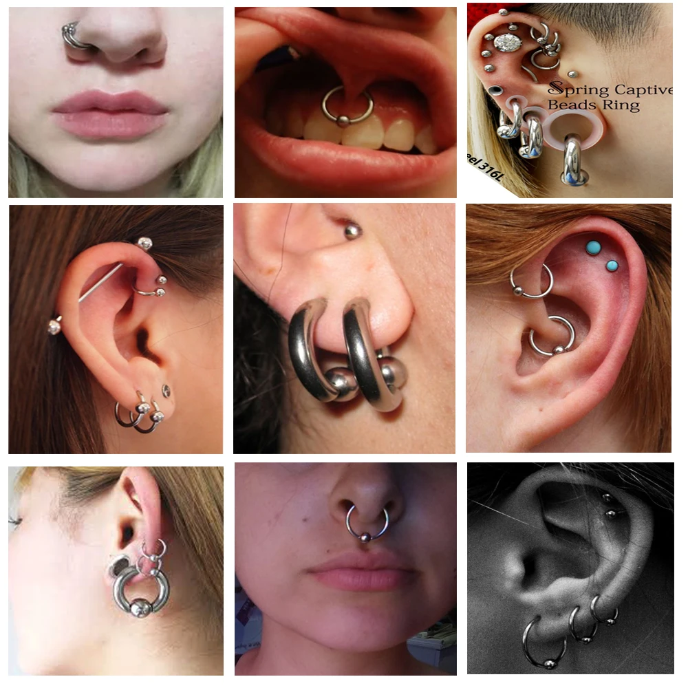 2PCS Surgical Steel Captive Bead Ring Ear Hoop Nose Ring Ear Tragus Cartilalge Piercing Nipple Ring Body Jewelry Earring 16g 14g