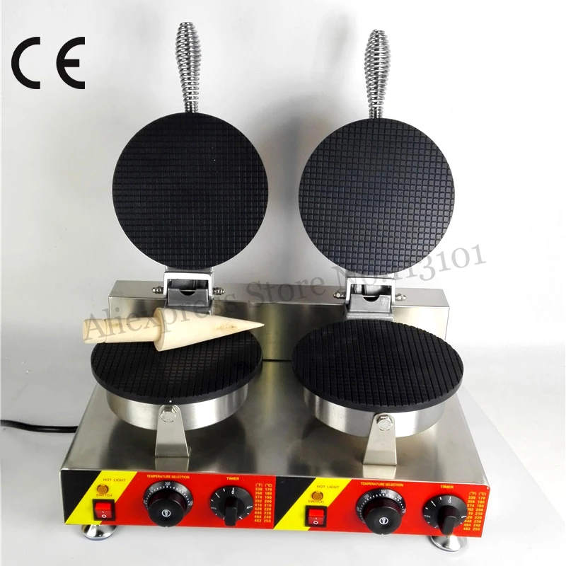 Electric Ice Cream Cone Machine Commercial Crispy Waffle Baker Maker 2 Heads 220V 110V 2000W CE Approval