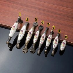 White Ceramic Cabinet Door Handles For Furniture Accessories Hardware Knob Wardrobe Cupboard Rural Flower Vintage Bronze Knobs