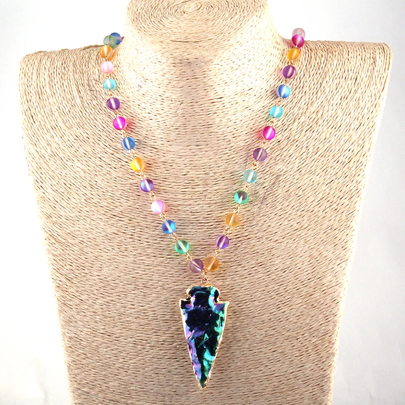 8mm Fashion Beautiful Shiny Crystal Rosary Chain  Crystal Arrowhead Pendant Necklaces Women Ethnic Necklace