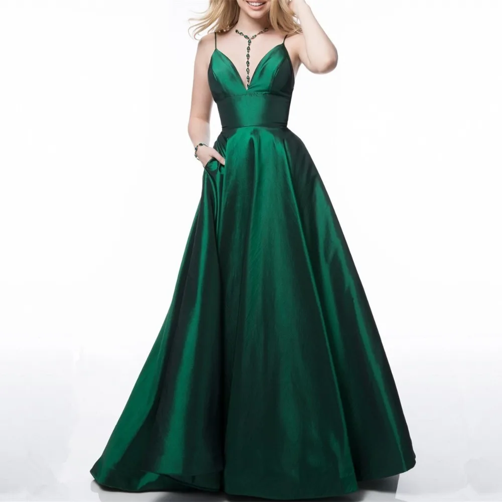 JaneVini-Vestidos De graduación De línea A, color verde oscuro, talla grande, largos, sexys, tirantes finos, tafetán, tren De barrido, Espalda descubierta, 2019