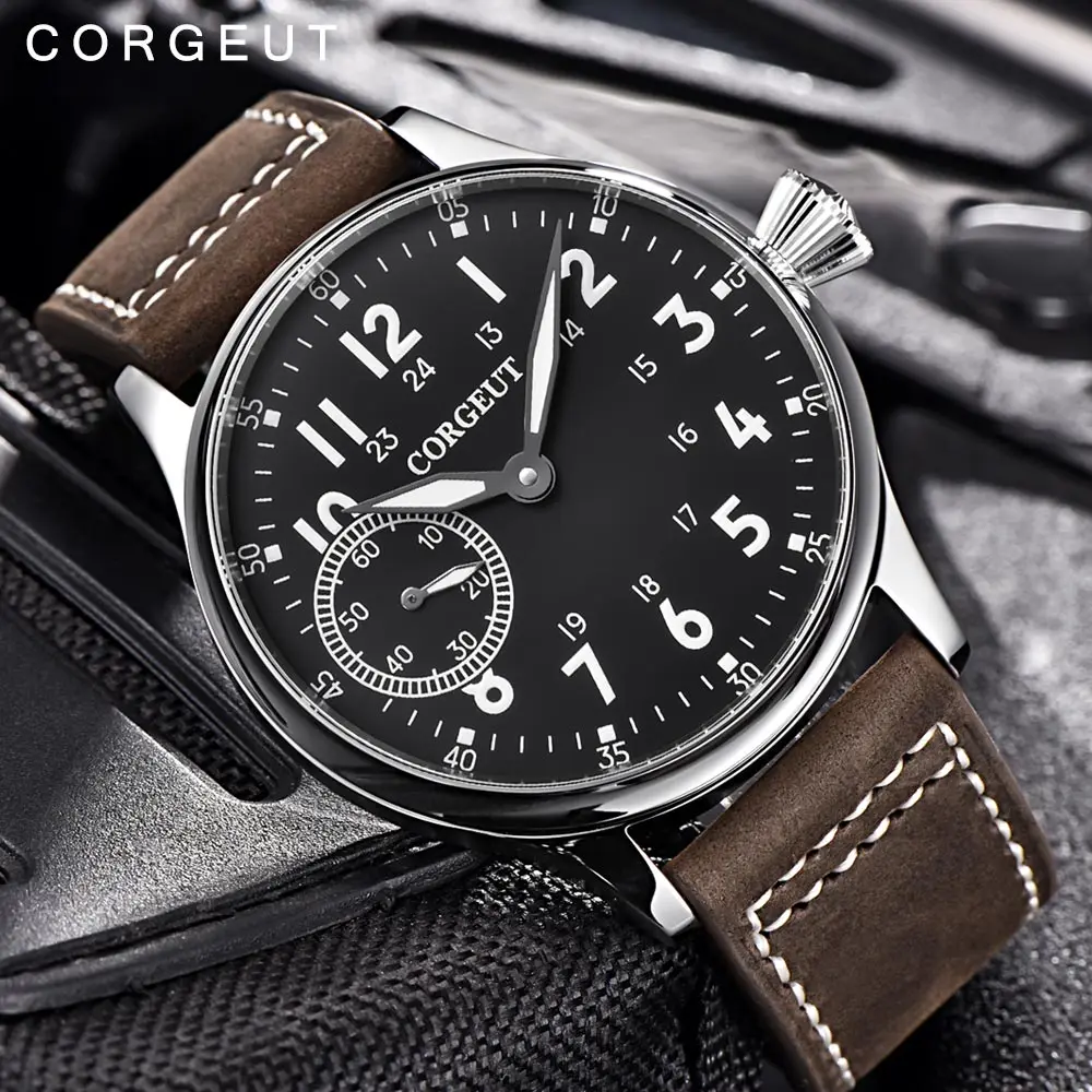 Corgeut Fashion Leather Top Luminous Mechanical Hand Winding Men Watch 17 Jewels ST3600 Seagull 6497 Movement Sport Wristwatch