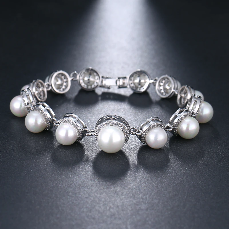 EMMAYA New Simulated Pearl Bracelet with Cz Beads Paved Women Bracelet Fashion Silver Color Wedding Jewelry