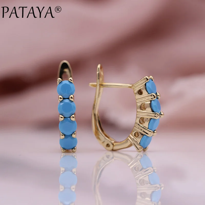 PATAYA New Fine Pendant Earring 585 Rose Gold Color Four Round Blue Natural Zircon Earrings Women Fashion Wedding Cute Jewelry