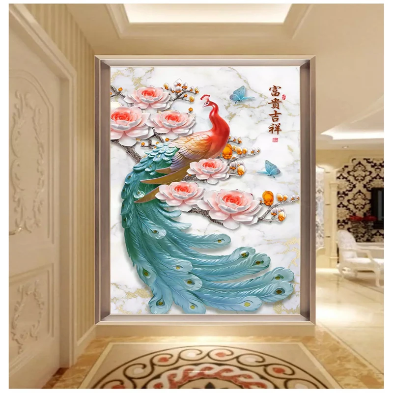 beibehang Custom wall papers home decor	fashion three-dimensional flower hand-painted pen and bird new Chinese porch background