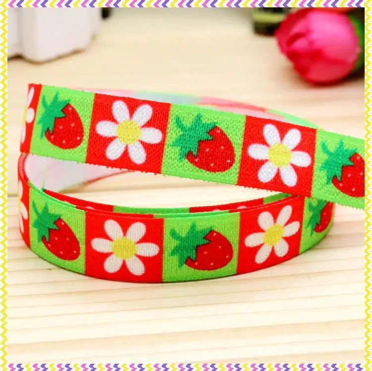 5/8''  Fold Elastic FOE Strawberry Printed Headband Headwear Hairband Diy Decoration Sewing OEM P4330