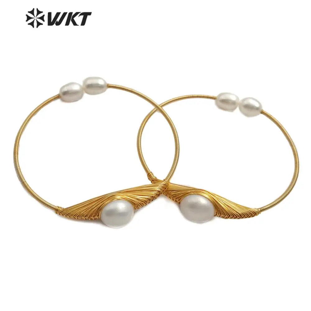 WT-B471 WKT Wire Wrapped Pearl Bangle Round Pearl Gold Bracelet Charm Women Vintage Bracelets Jewelry