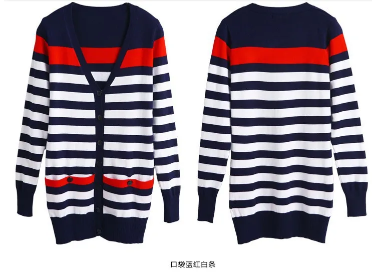 2021 New Fashion Women Spring Autumn Slim Sweater Cardigan V-Neck Medium-Long Stripe Cardigan Women Knitted Outerwear Female