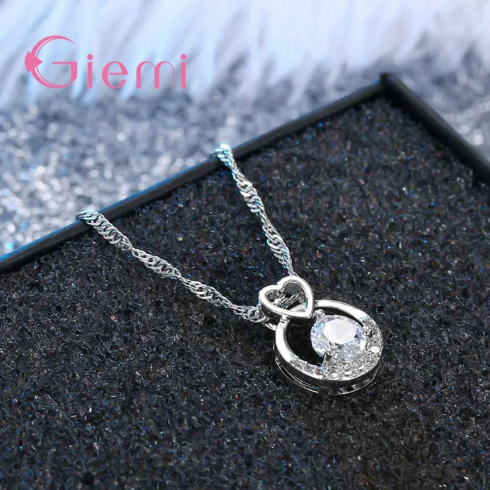 Wholesales Jewelry 925 Silver Needle Heart Necklaces Round Pendant Big Cubic Zirconia CZ 18