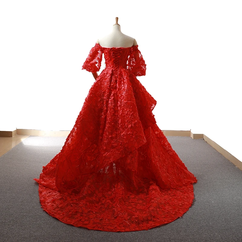 J66621 jancember mariée rouge robe de soirée chérie manches fleurs mariée mariage robe de soirée court train robe rouge de soir e