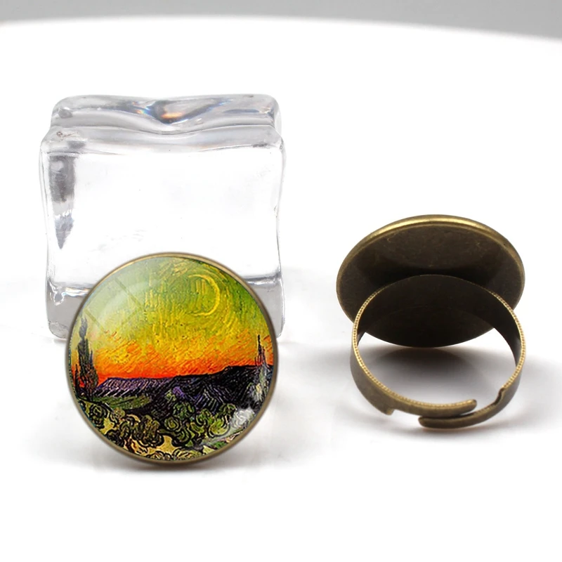 الأزياء الرجعية فان جوخ الفن اللوحة سلسلة حلقة ستار ليلة الزجاج الكريستال عجلة سحر الرجال النساء حلقة حزب عطلة هدايا تذكارية