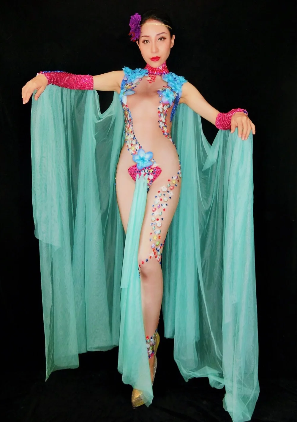 ドラッグクイーンコスチューム リーディングダンス セクシー ステージウェア シャイニー クリスタル ガーゼスリーブ ジャンプスーツ パフォーマンス パーティー レイブ衣装