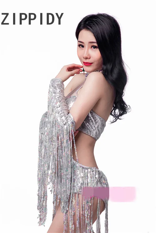 Silver Bright Sequins Tassel Rhinestones Hollow Bodysuit ผู้หญิงชุด Ds ไนท์คลับ Dj Bar นักร้องหญิง Stage เครื่องแต่งกาย