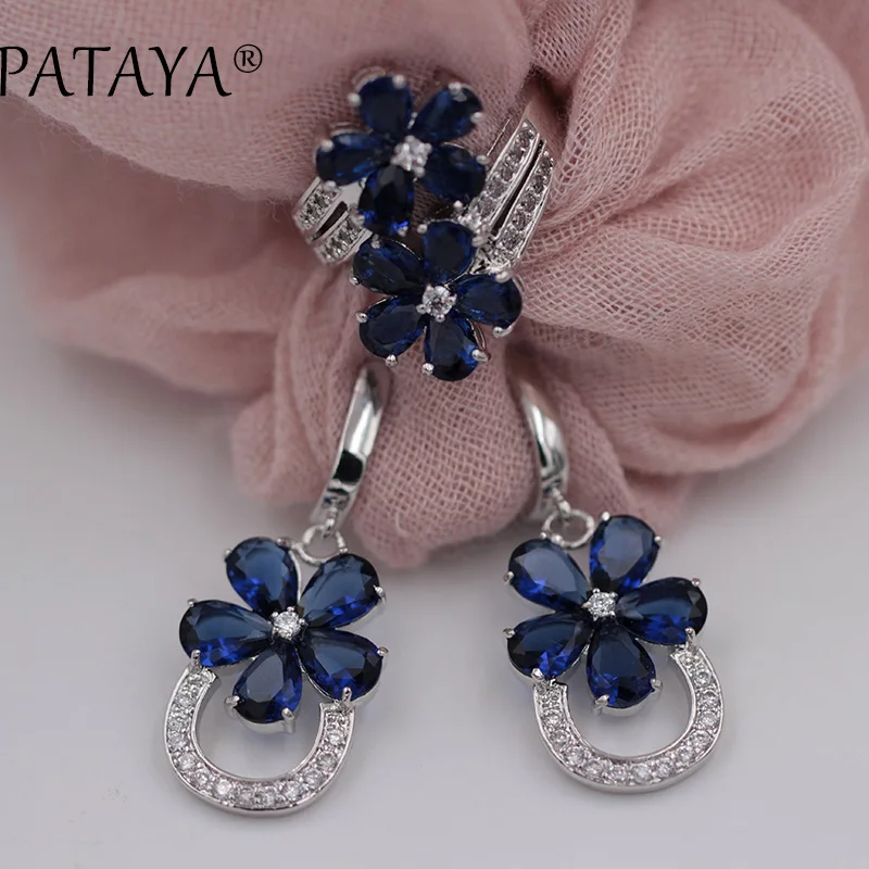 PATAYA RU Hot Sale Women Romantic Jewelry Sets Flower Natural Zirconia Earrings Ring Set True White Gold Color Wedding Jewelry