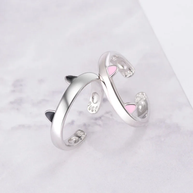 Cute Fashion Jewelry For Woman Girls Finger Shiny Sterling Silver  Open Rings With Tiny Cat Ear Lovely Paws Inside