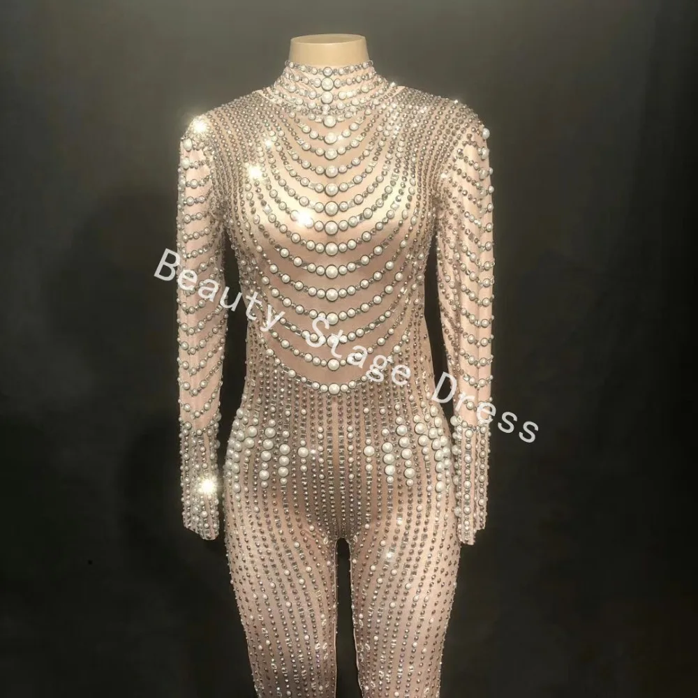 Sáng Ngọc Trai Tinh Thể Lưới Áo Liền Quần Sexy Thạch Quan Điểm Bodysuit Múa Sân Khấu Mặc trang Phục Dạ Hội Chào Mừng Sáng Trang Phục