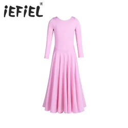 iEFiEL Kids Teens Girls Long Sleeves Round Neckline Loose Fit Ballet Dance Ankle Length Dress for Ballet Class Dancing Perform