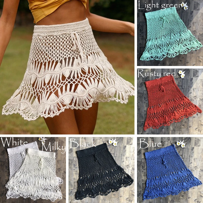 Handmade Crochet Boho Cotton Knitted Mini Skirts Women Summer High Waist Beach Hollow Out Mini Skirt Cool