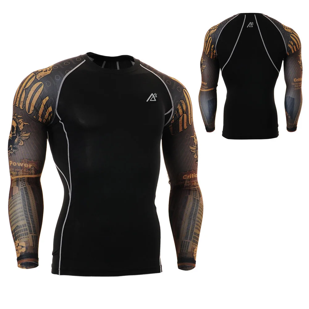 Men`s Gold Skull Double Sleeves Printed Compression Shirt Quick-drying 4-Way Stretch Fitness Bodybuilding Running Shirts