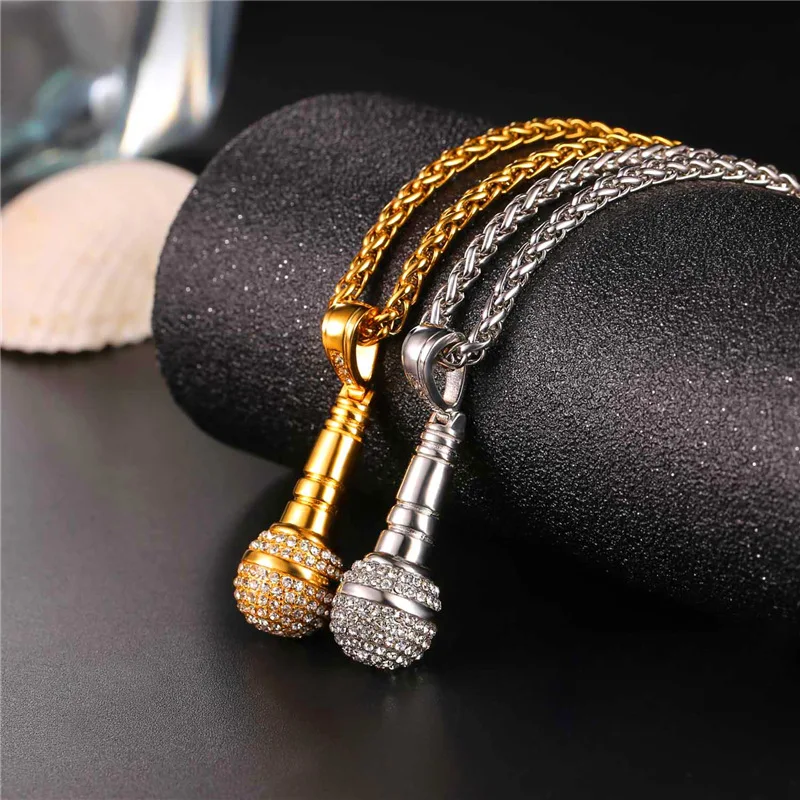 U7 Ice Out Chain Necklace Microphone Pendant Men/Women Stainless Steel Gold Color Rhinestone Best Friend Jewelry Hip Hop P1018