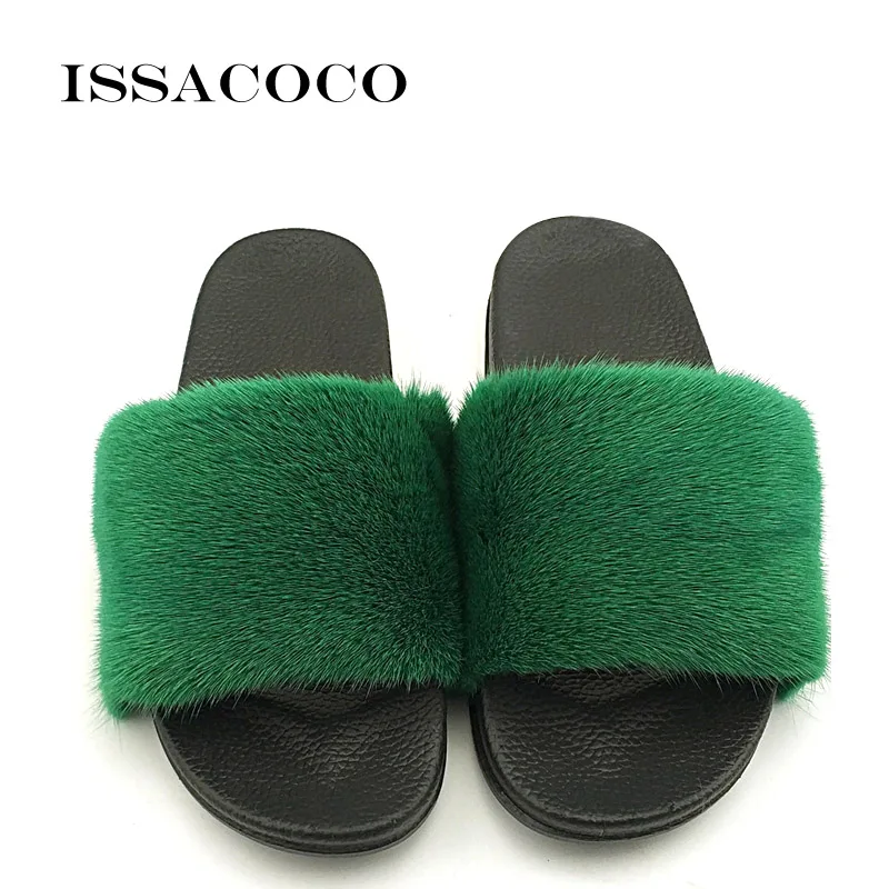 ISSACOCO Women Flat Real Mink Fur Slippers Women Solid Mink Fur PVC Sole Non-slip Slippers Indoor Slippers Zapatillas Pantufas