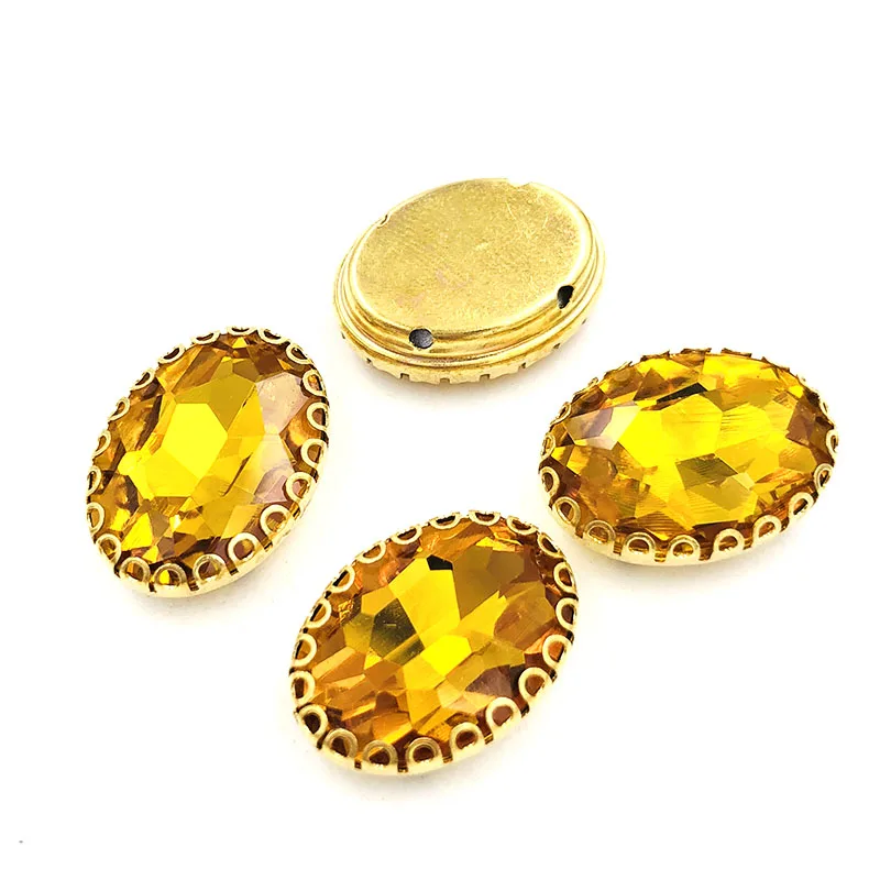 Grold yellow oval glass crystal sew on rhinestones gold bottom lacy shape claws 6X8/8X10/10X14/13x18mm Diy clothing accessories