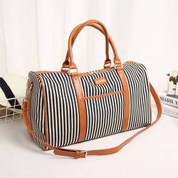 Canvas+PU Leather Women Travel Bag Fashion Striped Duffel Tote Large Weekend Bag Female Packing Cubes Suitcase Shoulder Bags