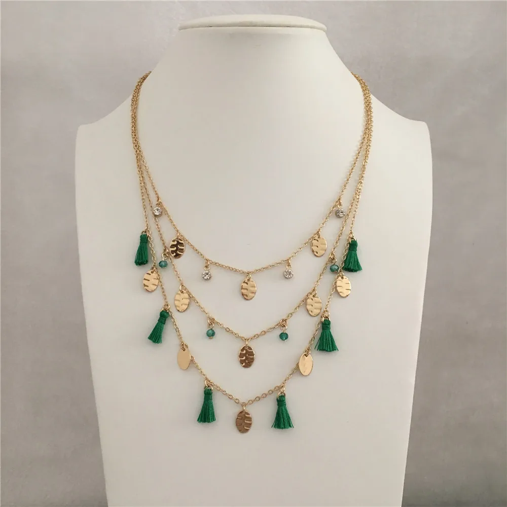 Classic Gold Color Plating Bead Stone Green Thread Tassel Pendant Layered Necklace For Women Elegant Office Lady Decoration