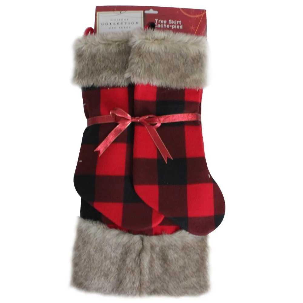 

Gift set 1pc EXTRA LARGE 50" Christmas tree skirt 2pcs Christmas Stocking 10X19" Buffalo Check With Faux Fur Decoration