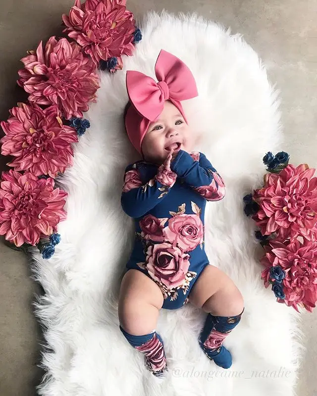 Hot Newborn Toddler Baby Girl Bodysuit One-Piece Long Sleeve O-Neck Flower Romper Jumpsuit+Leg Warmers Casual Outfit Clothes