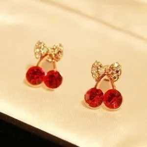 Cute little cherry red imitation Rhinestones earrings exquisite elegance Korean jewelry wholesale  free shipping