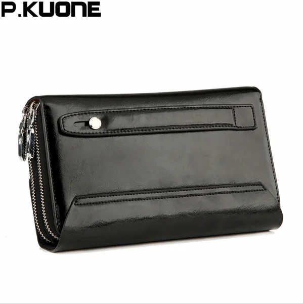 P.KUONE-cartera de mano de cuero de vaca para hombre, cartera larga de cuero genuino con cera de aceite brillante de lujo, monedero Masculino