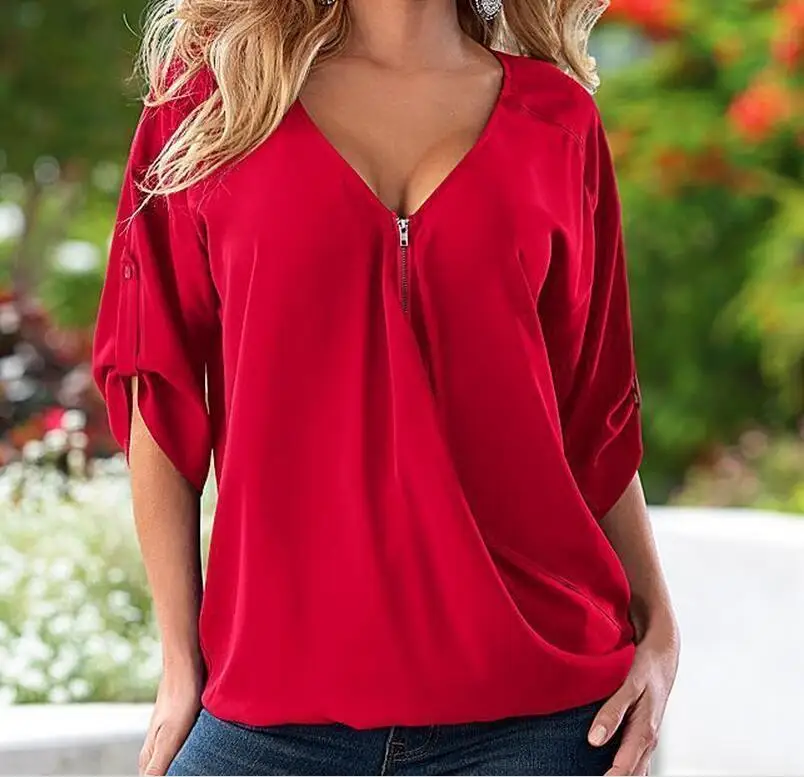 S-5XL Camicette Slaccia la camicia, Bianco, Rosso, Nero, blu Sexy Delle Donne Vede Attraverso Il Chiffon Camicette Scollo A V Mezza casual Camicetta Magliette e camicette Più Il Formato